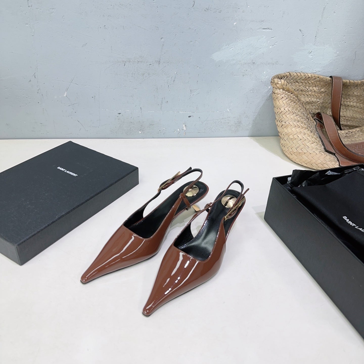 YSL 26S SLINGBACK HEELS 65 MM IN BROWN CALFSKIN