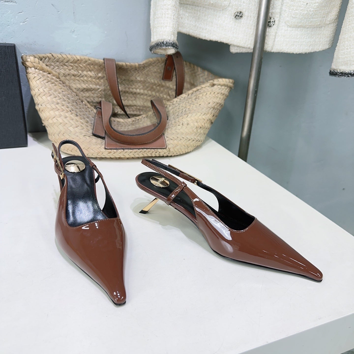 YSL 26S SLINGBACK HEELS 65 MM IN BROWN CALFSKIN