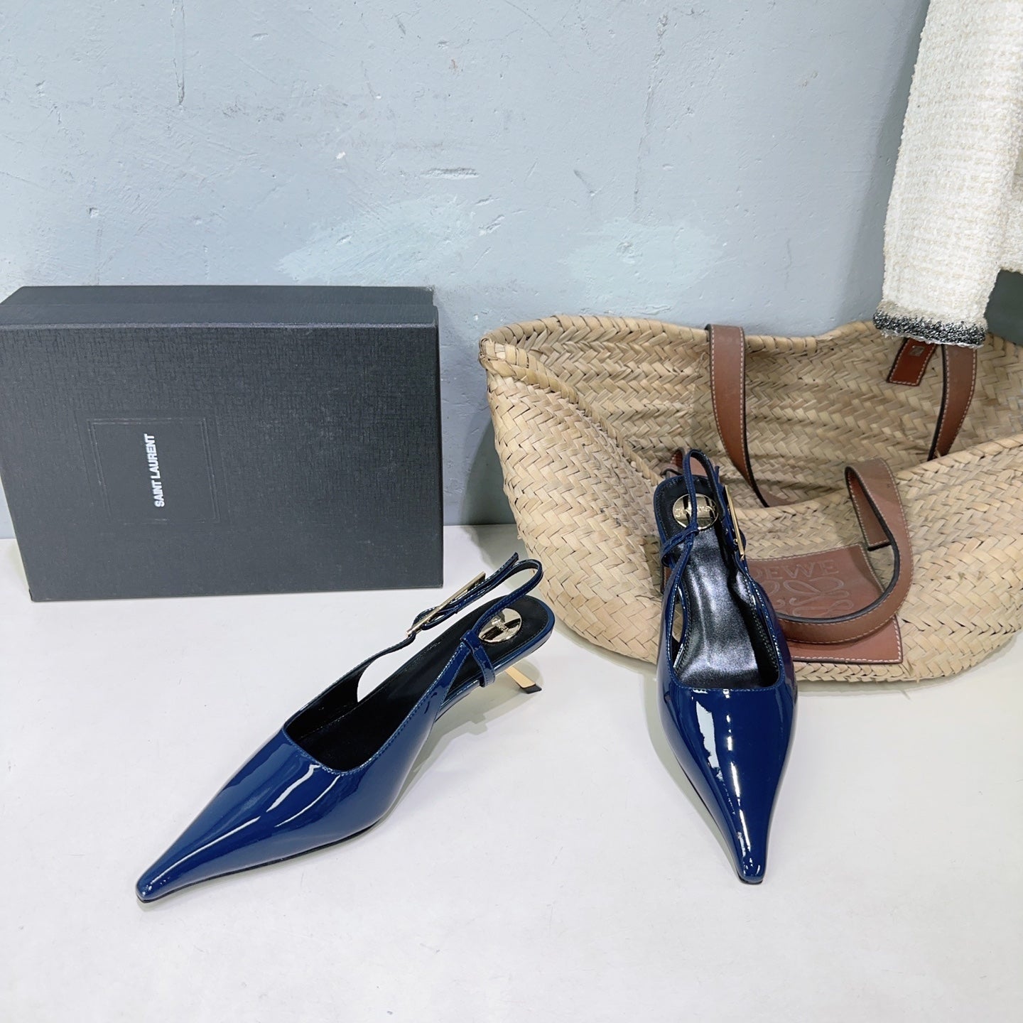 YSL 26S SLINGBACK HEELS 65 MM IN NAVY BLUE CALFSKIN