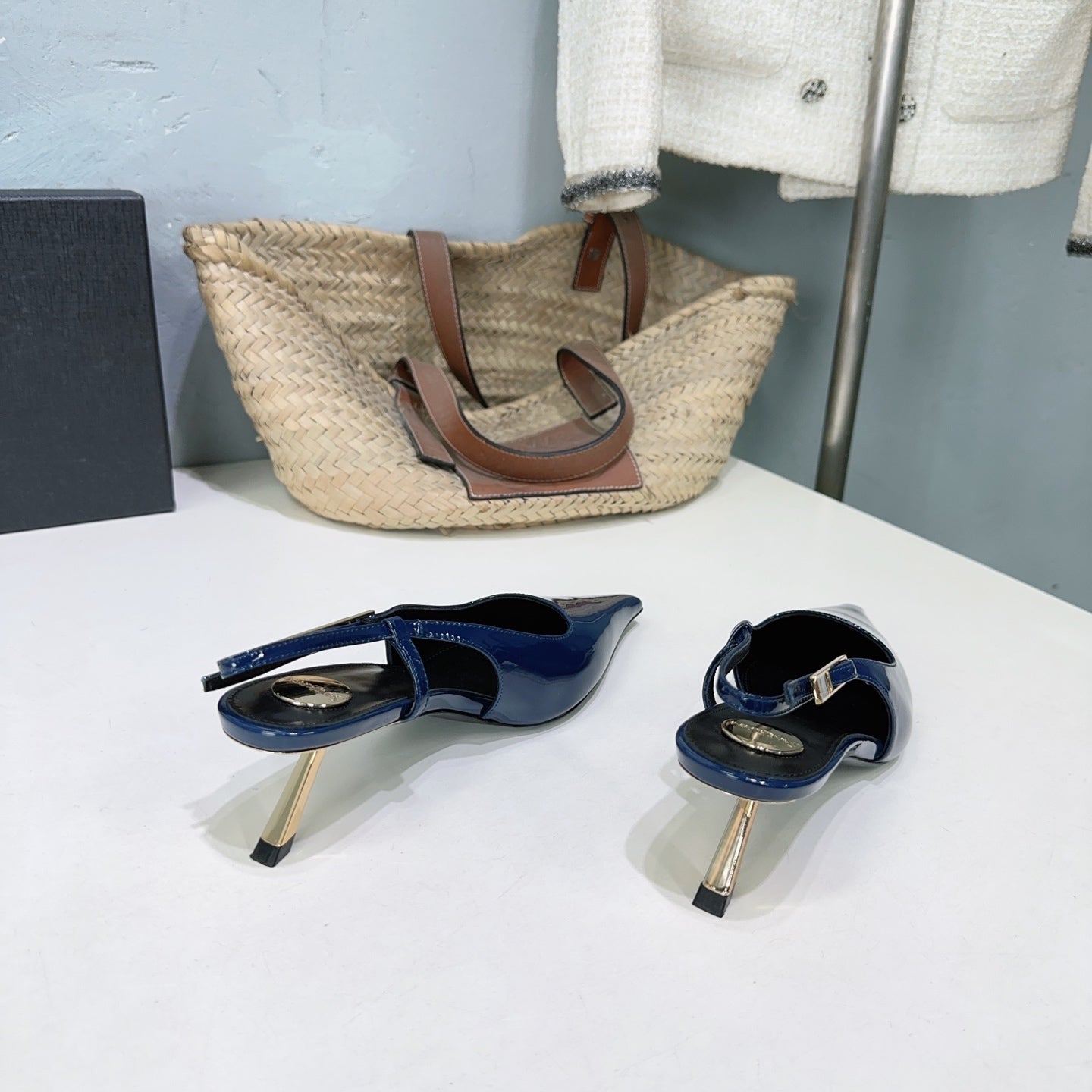 YSL 26S SLINGBACK HEELS 65 MM IN NAVY BLUE CALFSKIN