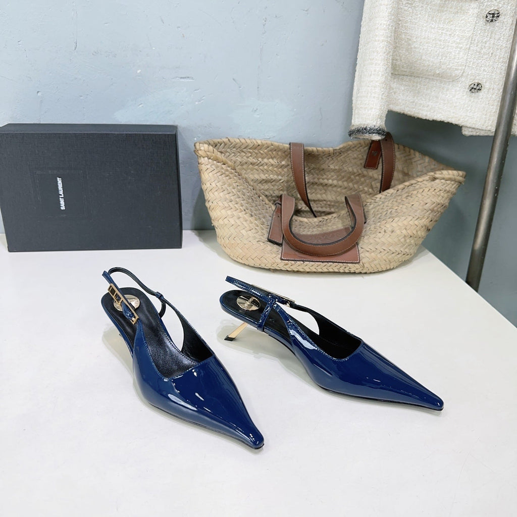 YSL 26S SLINGBACK HEELS 65 MM IN NAVY BLUE CALFSKIN