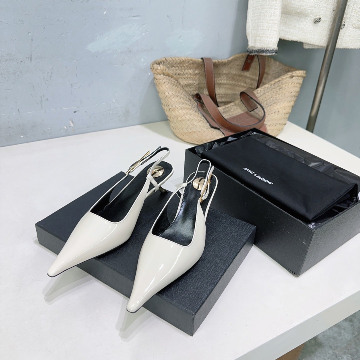 YSL 26S SLINGBACK HEELS 65 MM IN WHITE CALFSKIN