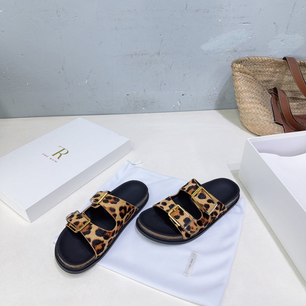 THE ROW 26S DOUBLE STRAP SLIDE SANDALS IN LEOPARD PRINT CALF HAIRCALFSKIN