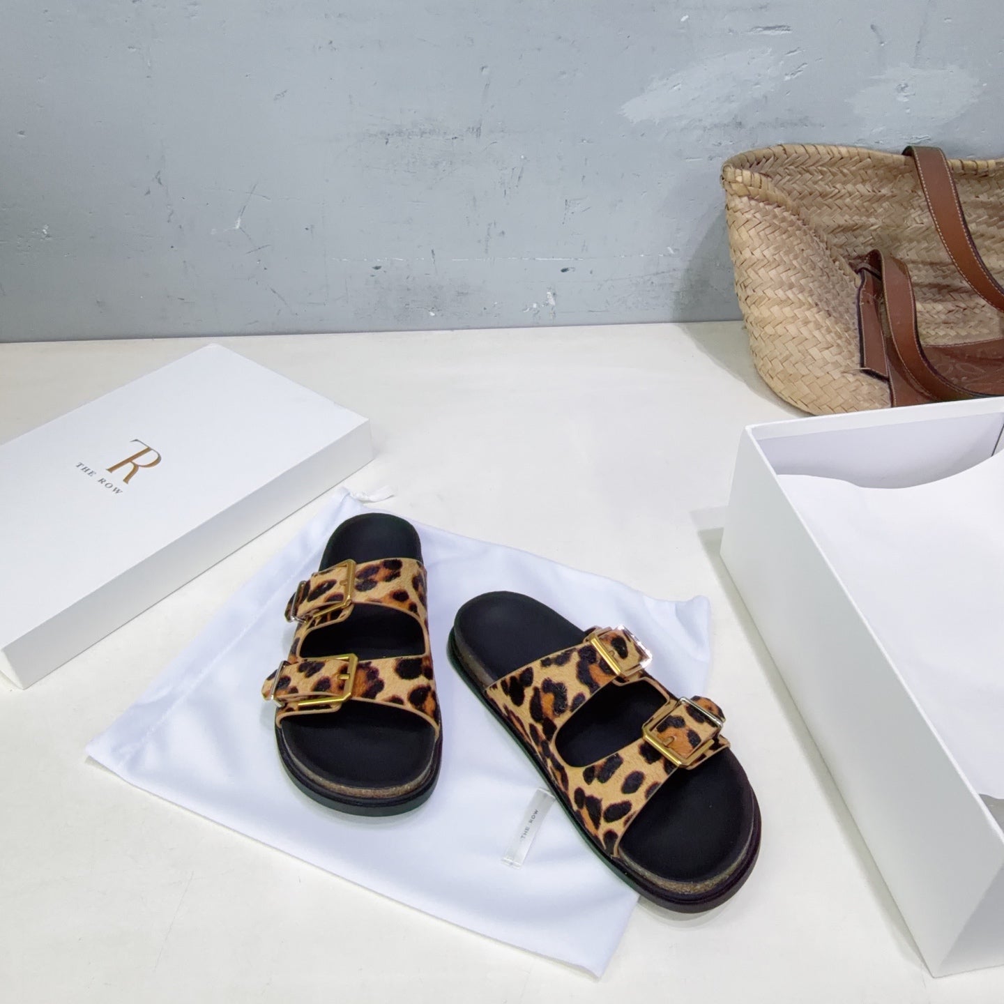 THE ROW 26S DOUBLE STRAP SLIDE SANDALS IN LEOPARD PRINT CALF HAIRCALFSKIN