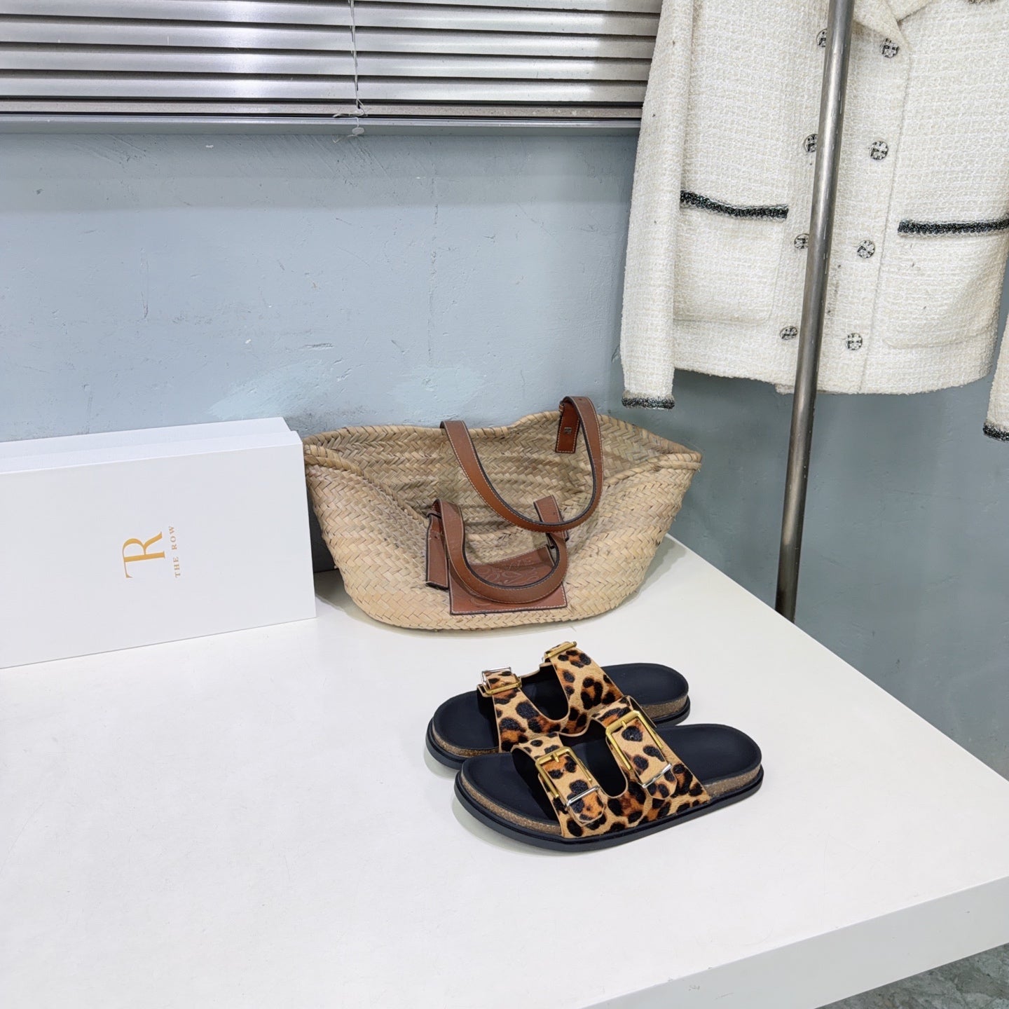 THE ROW 26S DOUBLE STRAP SLIDE SANDALS IN LEOPARD PRINT CALF HAIRCALFSKIN