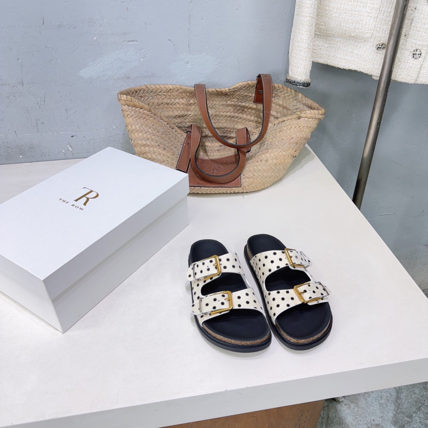 THE ROW 26S DOUBLE STRAP SLIDE SANDALS IN WHITE POLKA DOT CALF HAIR CALFSKIN