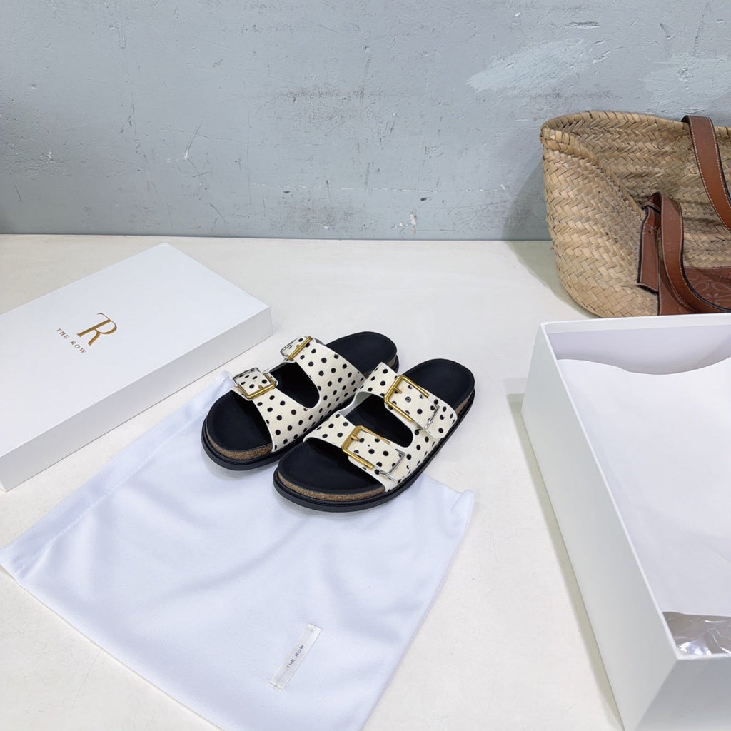 THE ROW 26S DOUBLE STRAP SLIDE SANDALS IN WHITE POLKA DOT CALF HAIR CALFSKIN