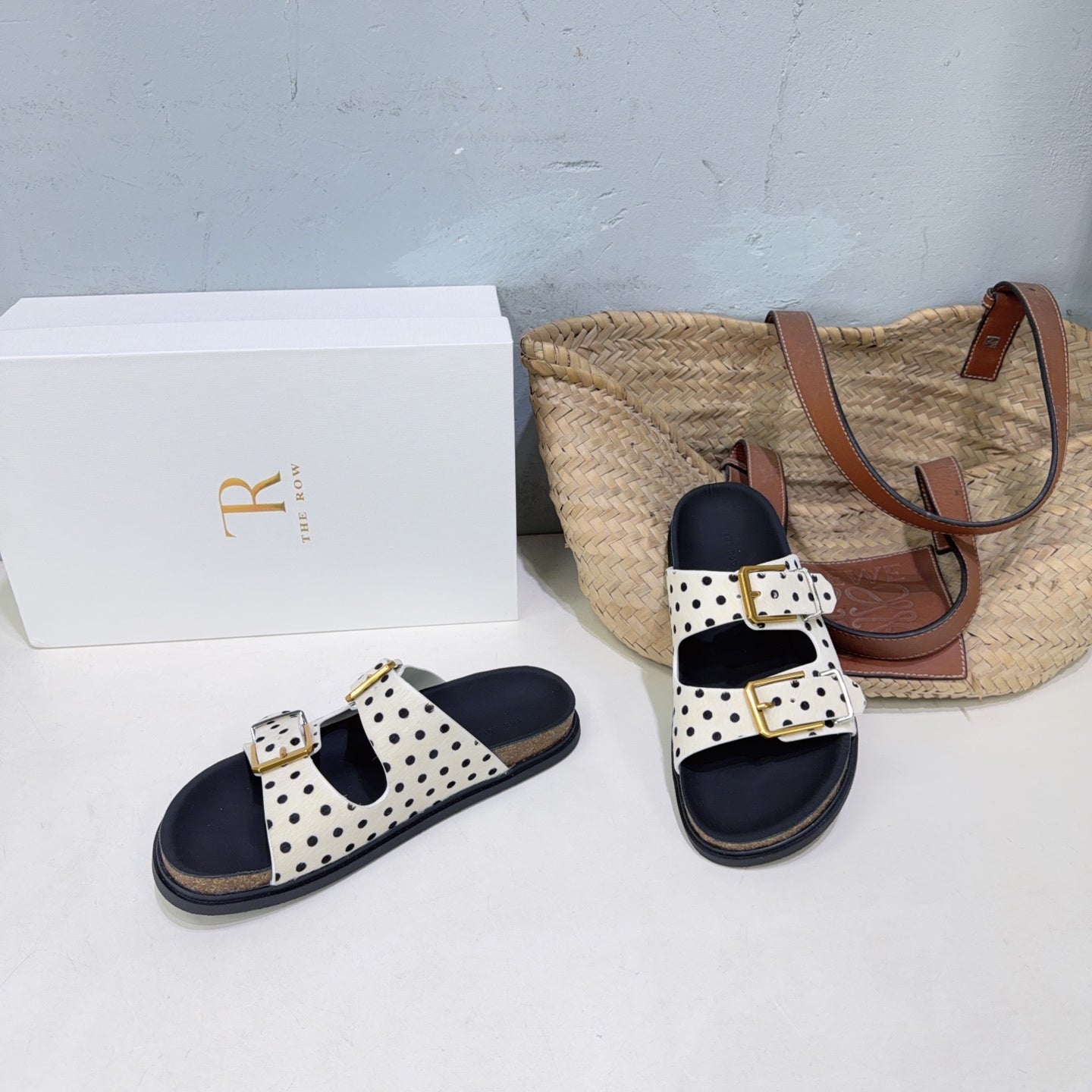 THE ROW 26S DOUBLE STRAP SLIDE SANDALS IN WHITE POLKA DOT CALF HAIR CALFSKIN