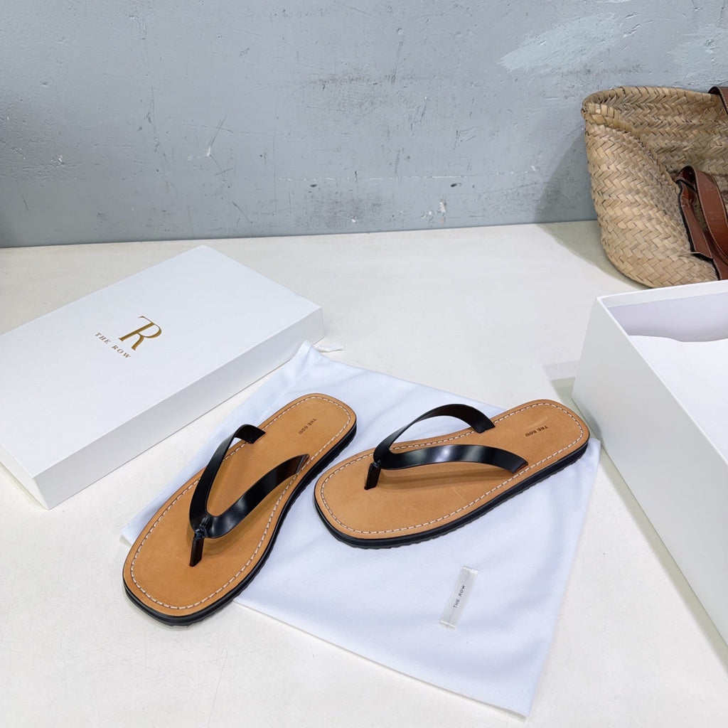 THE ROW 26S THONG SANDALS IN BROWN CALFSKIN BLACK STRAP