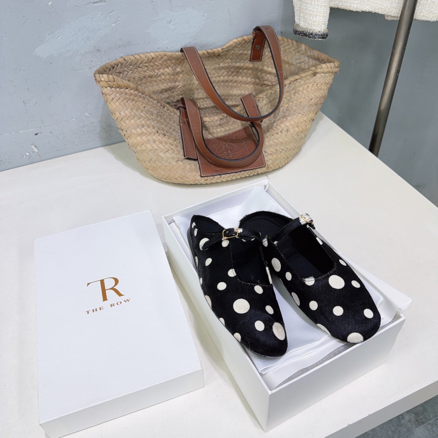 THE ROW 26S MARY JANE FLATS IN BLACK CALFSKIN POLKA DOT CALF HAIR