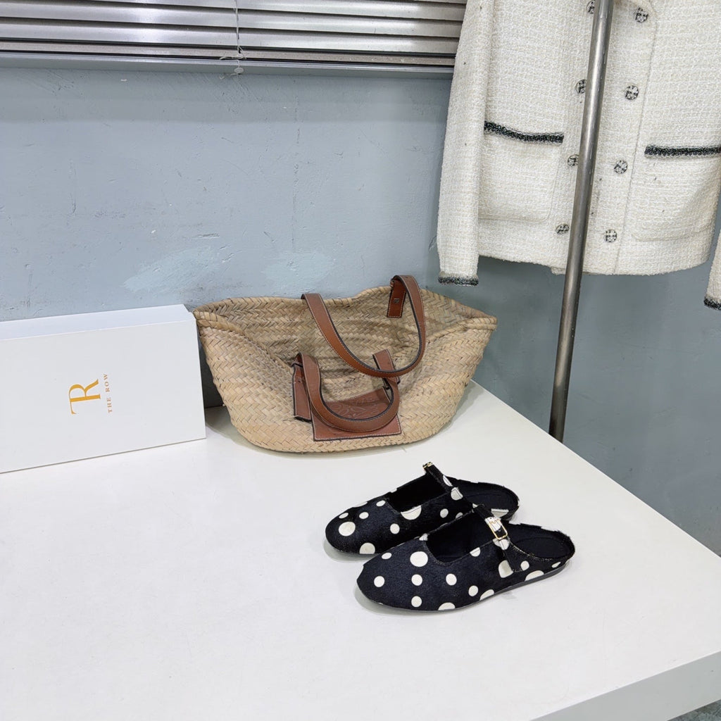 THE ROW 26S MARY JANE FLATS IN BLACK CALFSKIN POLKA DOT CALF HAIR