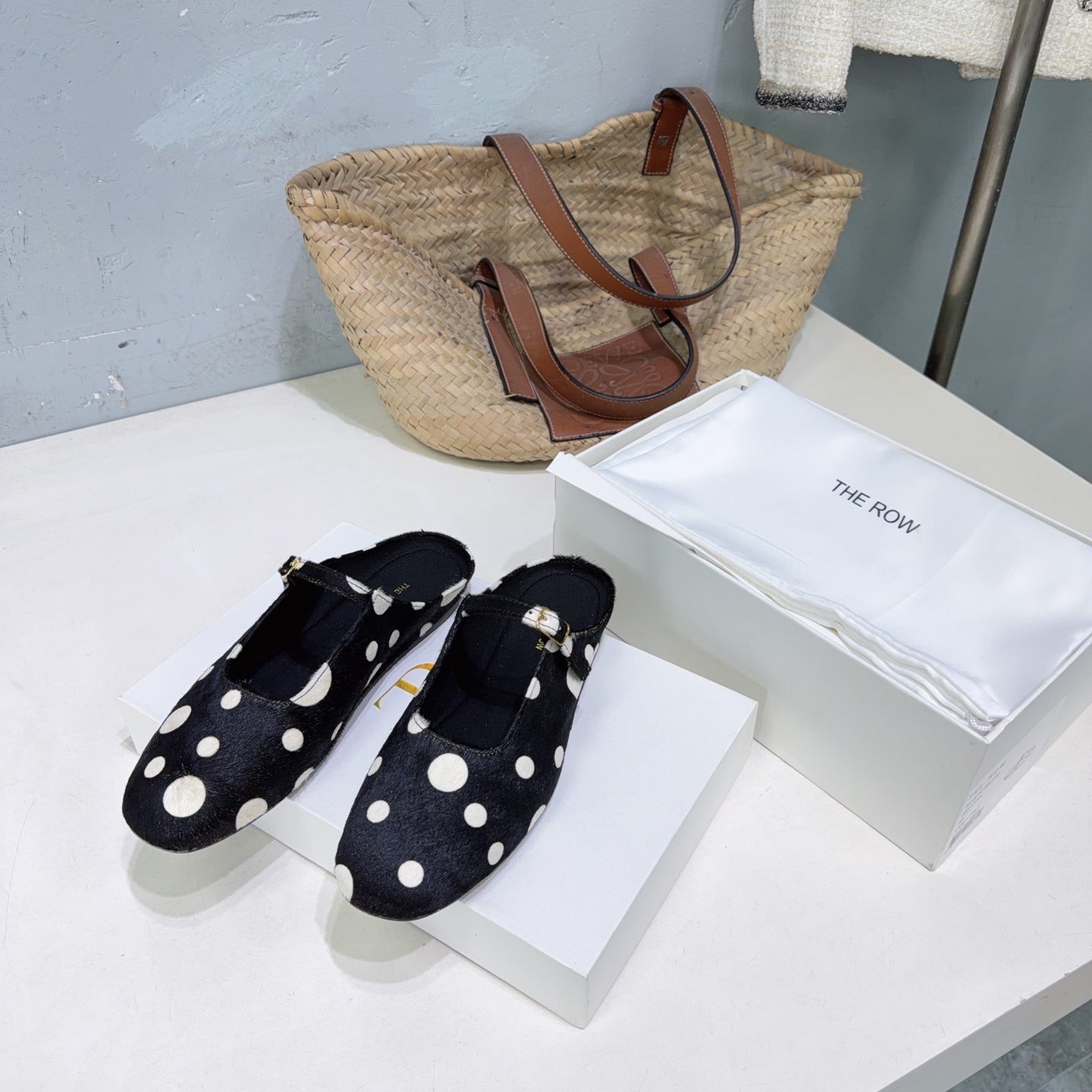 THE ROW 26S MARY JANE FLATS IN BLACK CALFSKIN POLKA DOT CALF HAIR