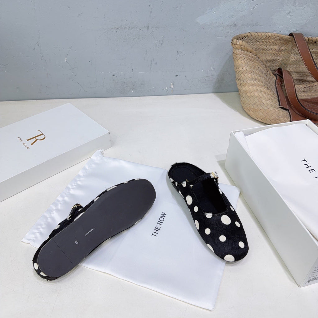 THE ROW 26S MARY JANE FLATS IN BLACK CALFSKIN POLKA DOT CALF HAIR