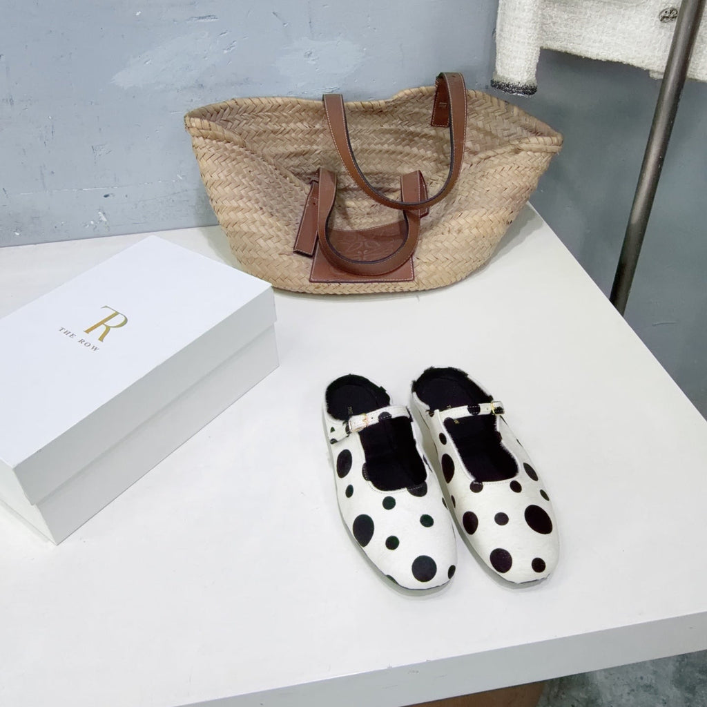 THE ROW 26S MARY JANE FLATS IN WHITE CALFSKIN POLKA DOT CALF HAIR