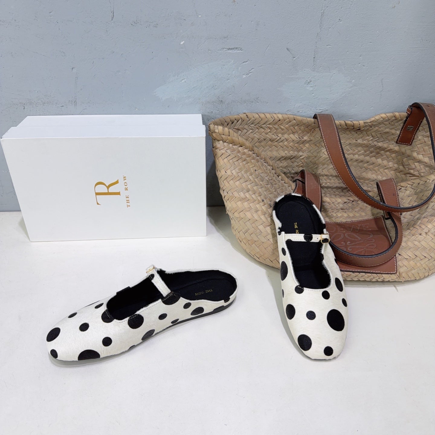 THE ROW 26S MARY JANE FLATS IN WHITE CALFSKIN POLKA DOT CALF HAIR