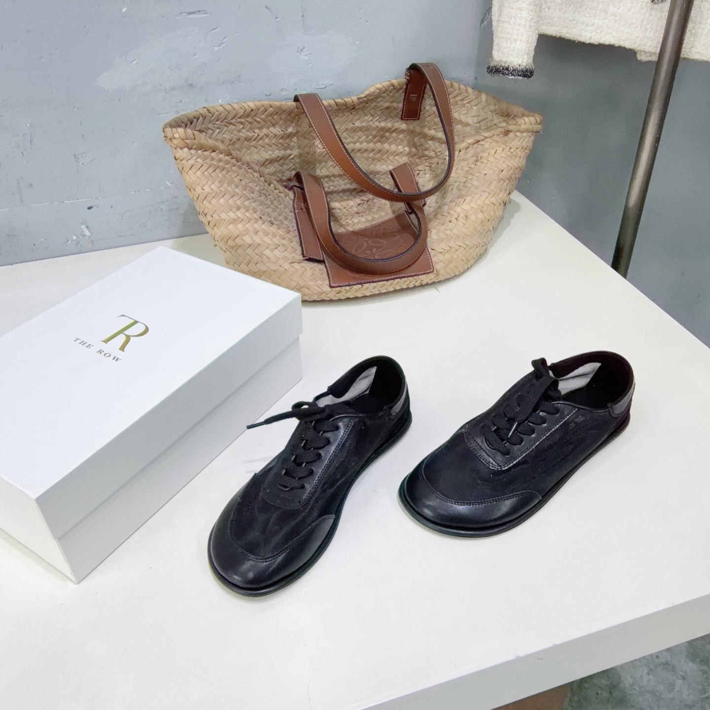 THE ROW 26S LACE UP SNEAKERS IN BLACK CALFSKIN AND MESH