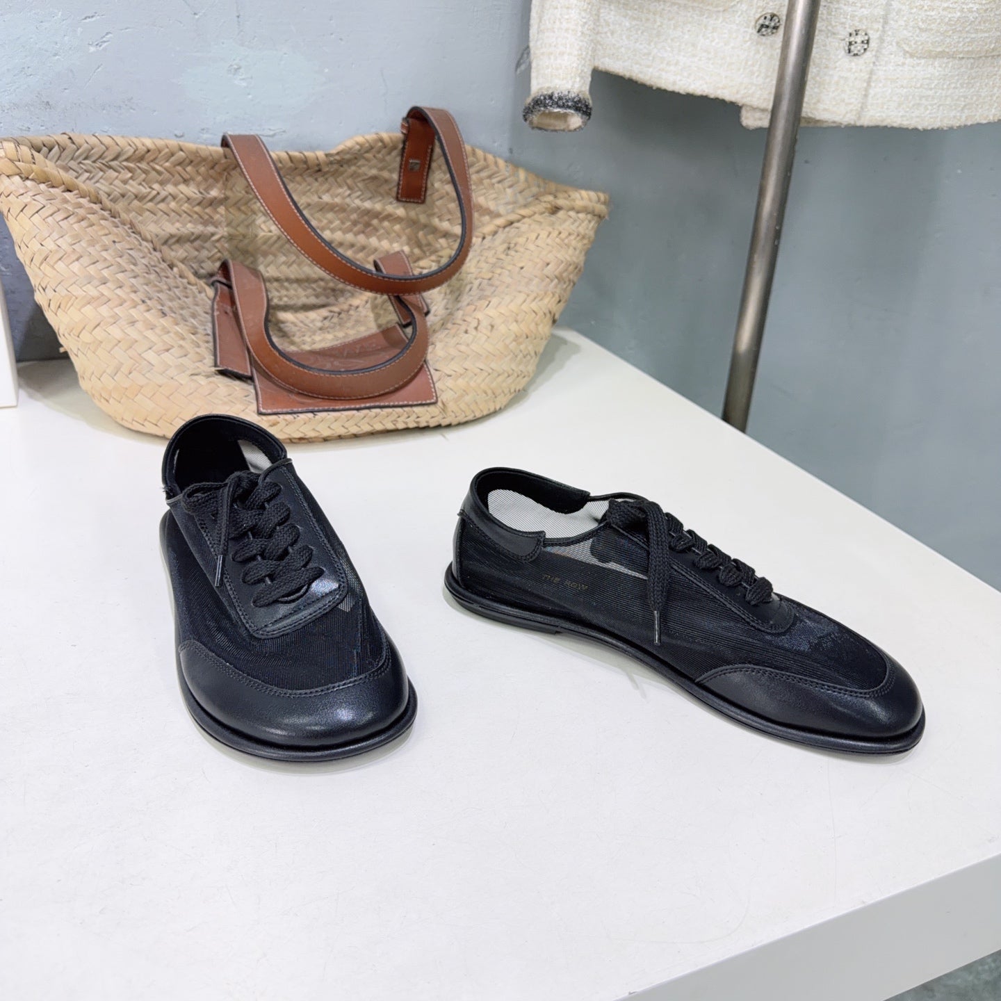 THE ROW 26S LACE UP SNEAKERS IN BLACK CALFSKIN AND MESH