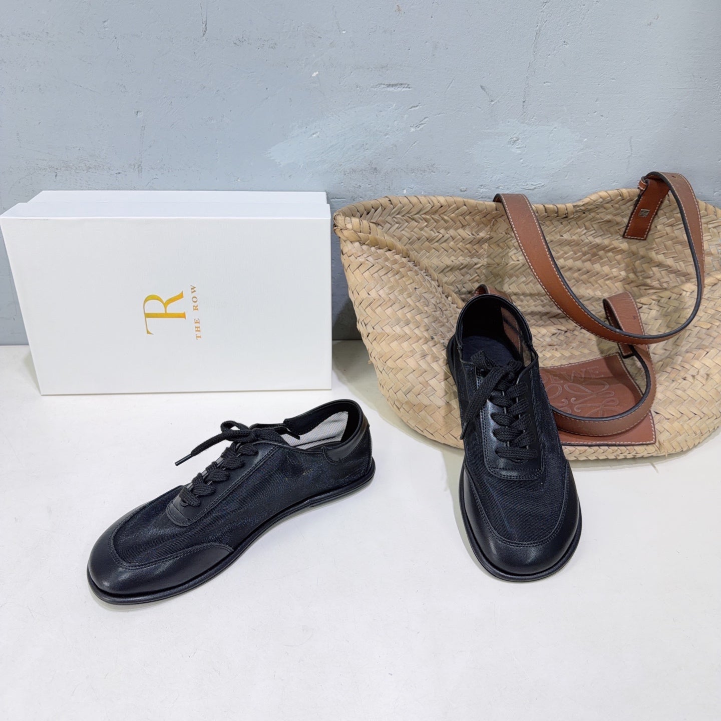 THE ROW 26S LACE UP SNEAKERS IN BLACK CALFSKIN AND MESH
