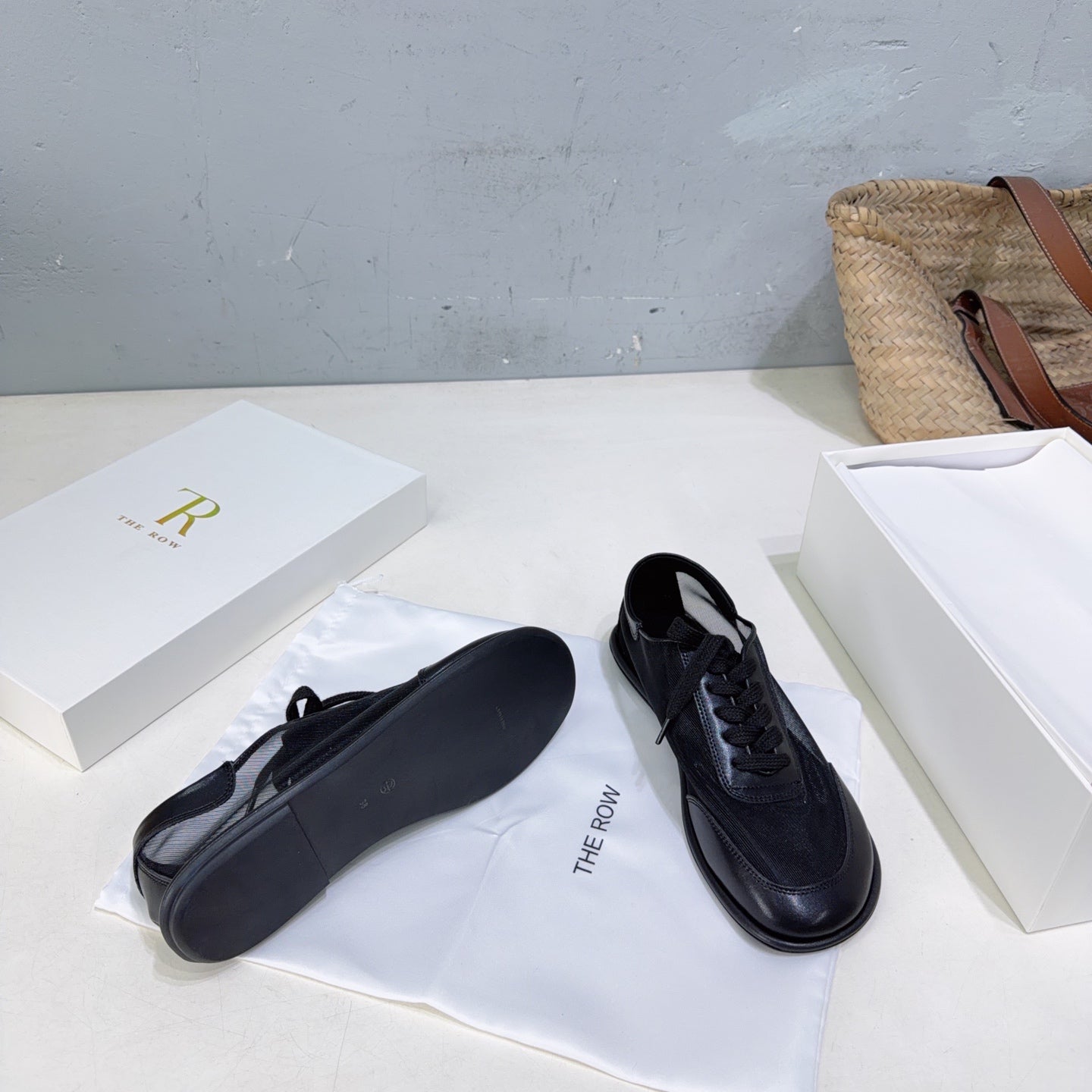 THE ROW 26S LACE UP SNEAKERS IN BLACK CALFSKIN AND MESH