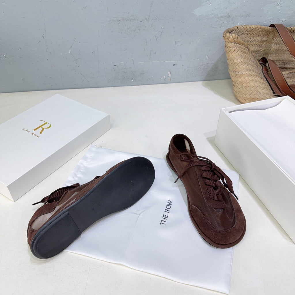 THE ROW 26S LACE UP SNEAKERS IN DARK BROWN SUEDE AND MESH