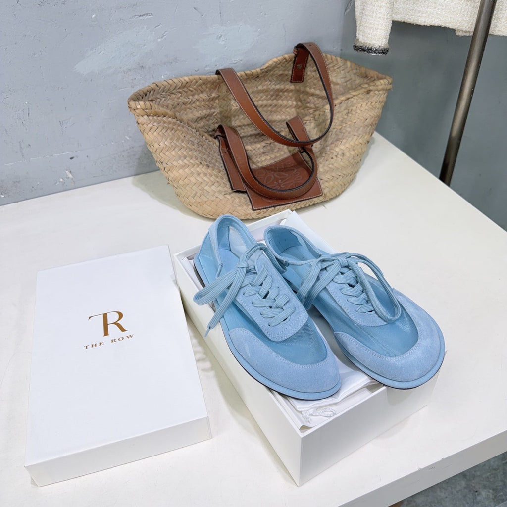 THE ROW 26S LACE UP SNEAKERS IN LIGHT BLUE SUEDE AND MESH