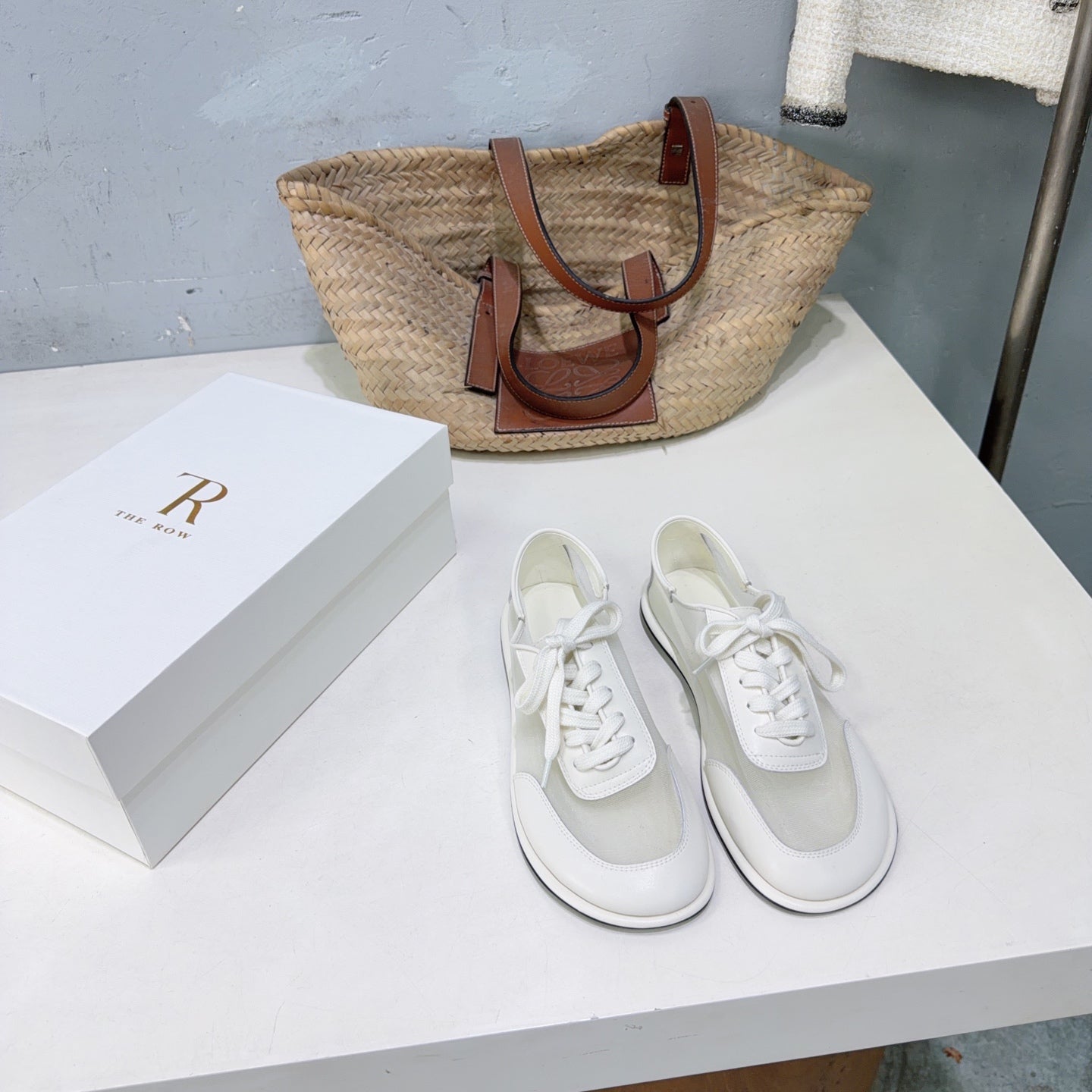 THE ROW 26S LACE UP SNEAKERS IN WHITE CALFSKIN AND MESH