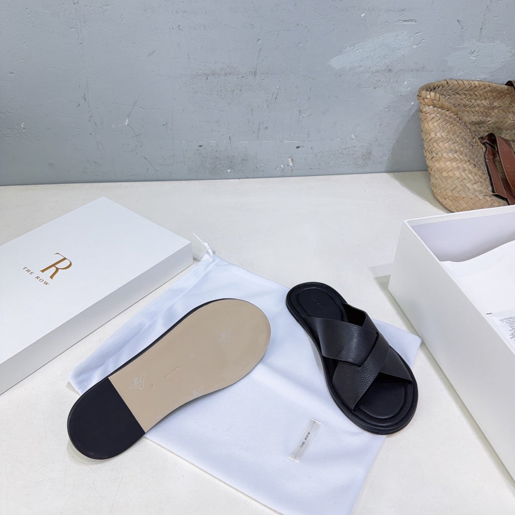 THE ROW 26S SLIDES SANDALS IN BLACK CALFKIN