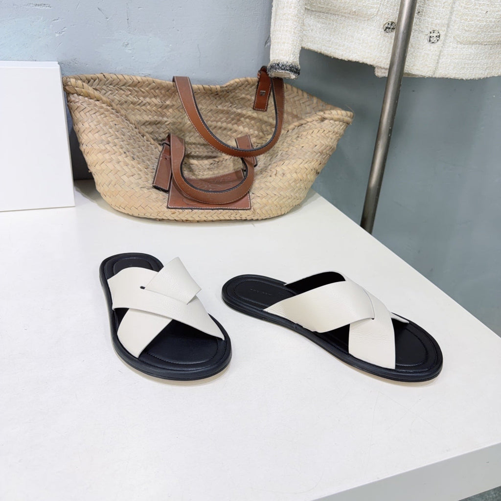 THE ROW 26S SLIDES SANDALS IN WHITE AND BLACK CALFKIN
