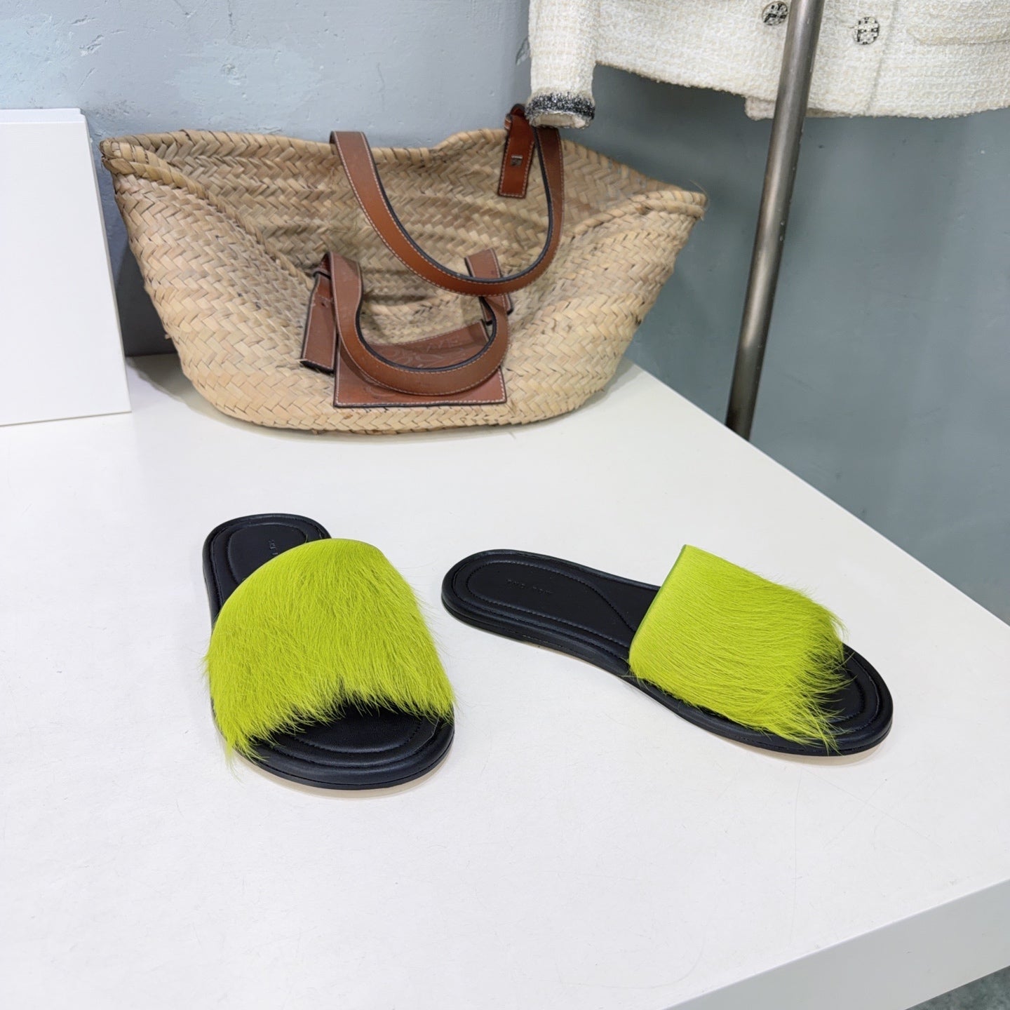 THE ROW 26S SLIDES SANDALS IN GREEN MINK FUR AND BLACK CALFSKIN