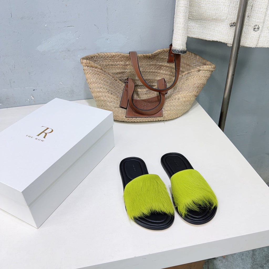 THE ROW 26S SLIDES SANDALS IN GREEN MINK FUR AND BLACK CALFSKIN