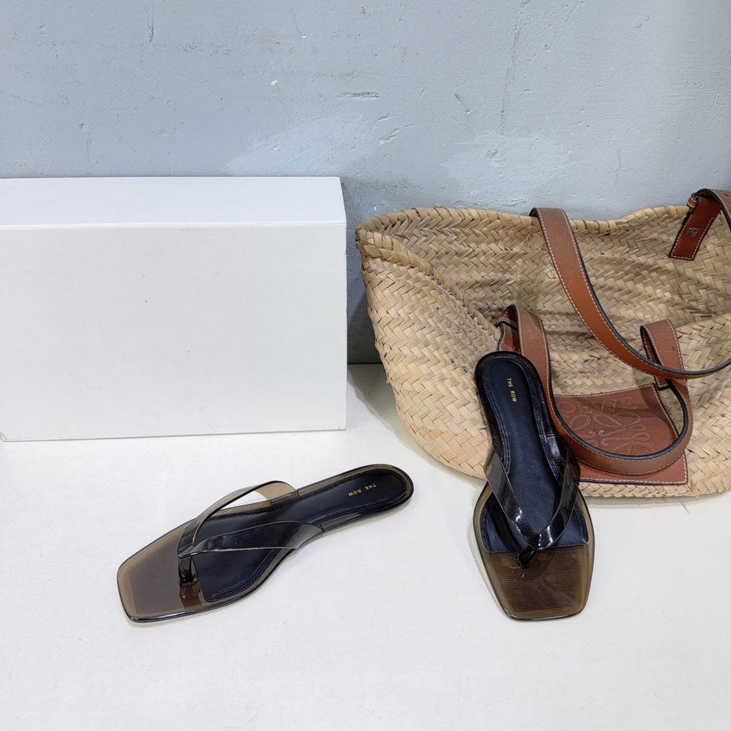 THE ROW 26S SQUARE TOE THONG SANDALS IN TRANSLUCENT DARK BROWN PVC WITH SILVER FOOTBED