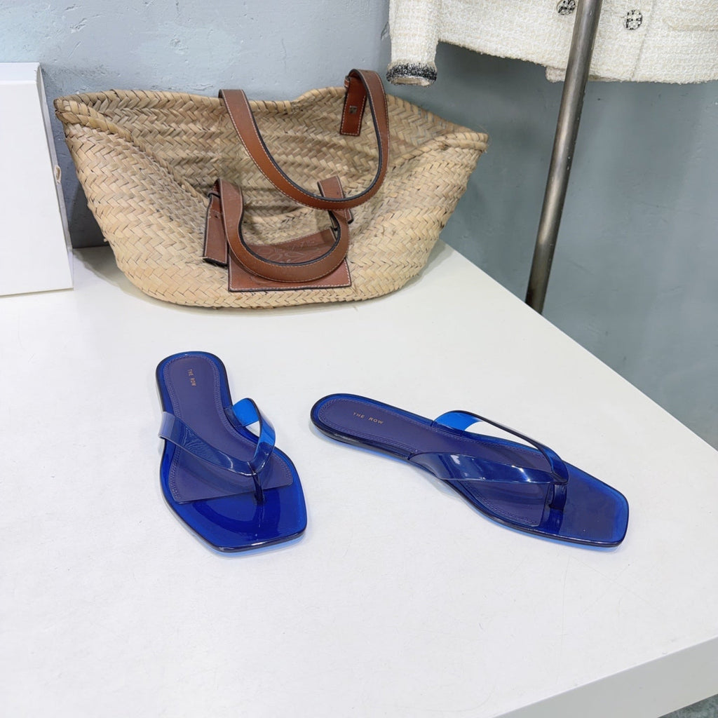 THE ROW 26S SQUARE TOE THONG SANDALS IN TRANSLUCENT BLUE PVC WITH SILVER FOOTBED