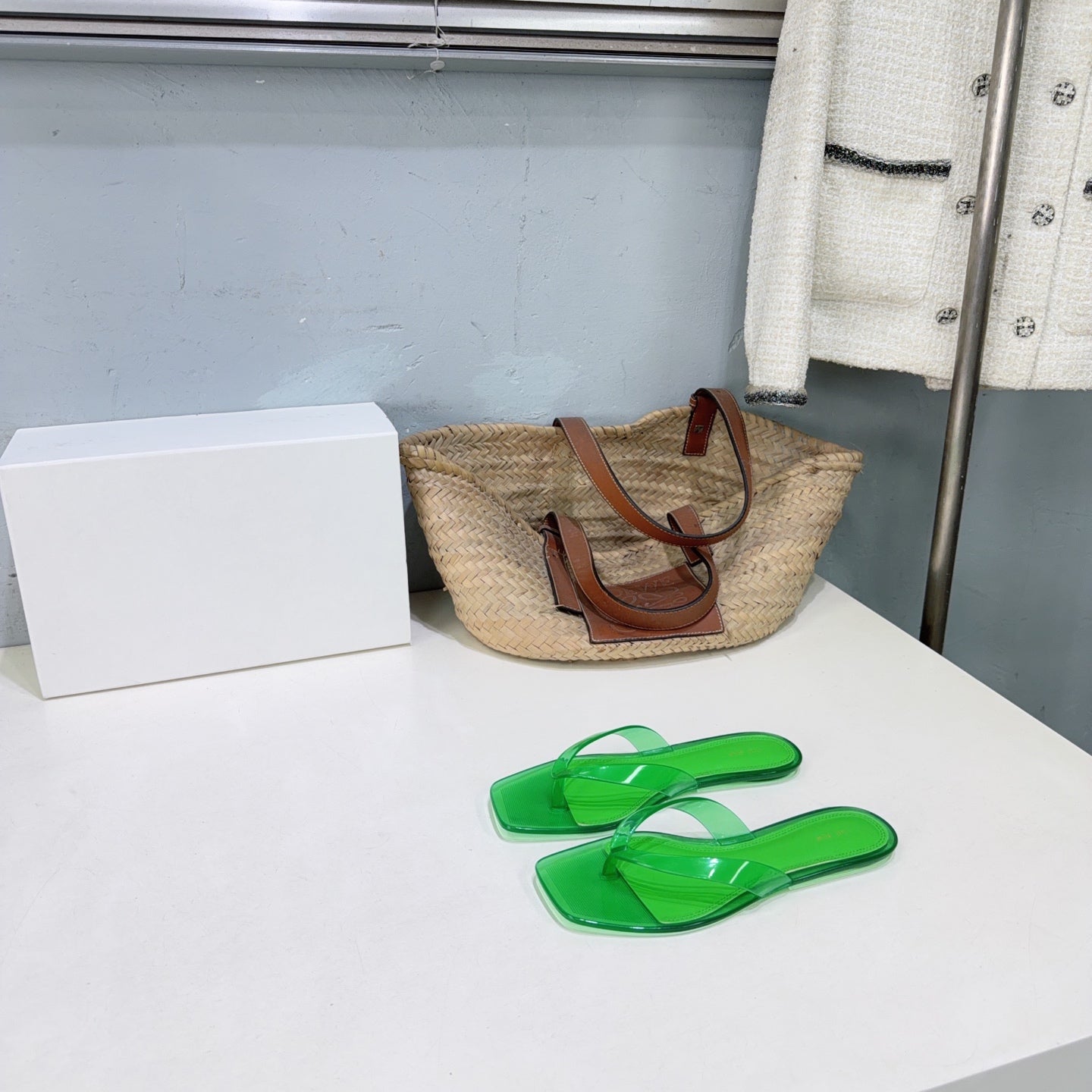 THE ROW 26S SQUARE TOE THONG SANDALS IN TRANSLUCENT GREEN PVC WITH SILVER FOOTBED