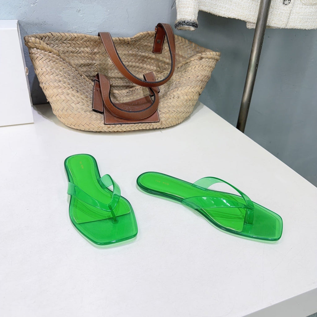 THE ROW 26S SQUARE TOE THONG SANDALS IN TRANSLUCENT GREEN PVC WITH SILVER FOOTBED
