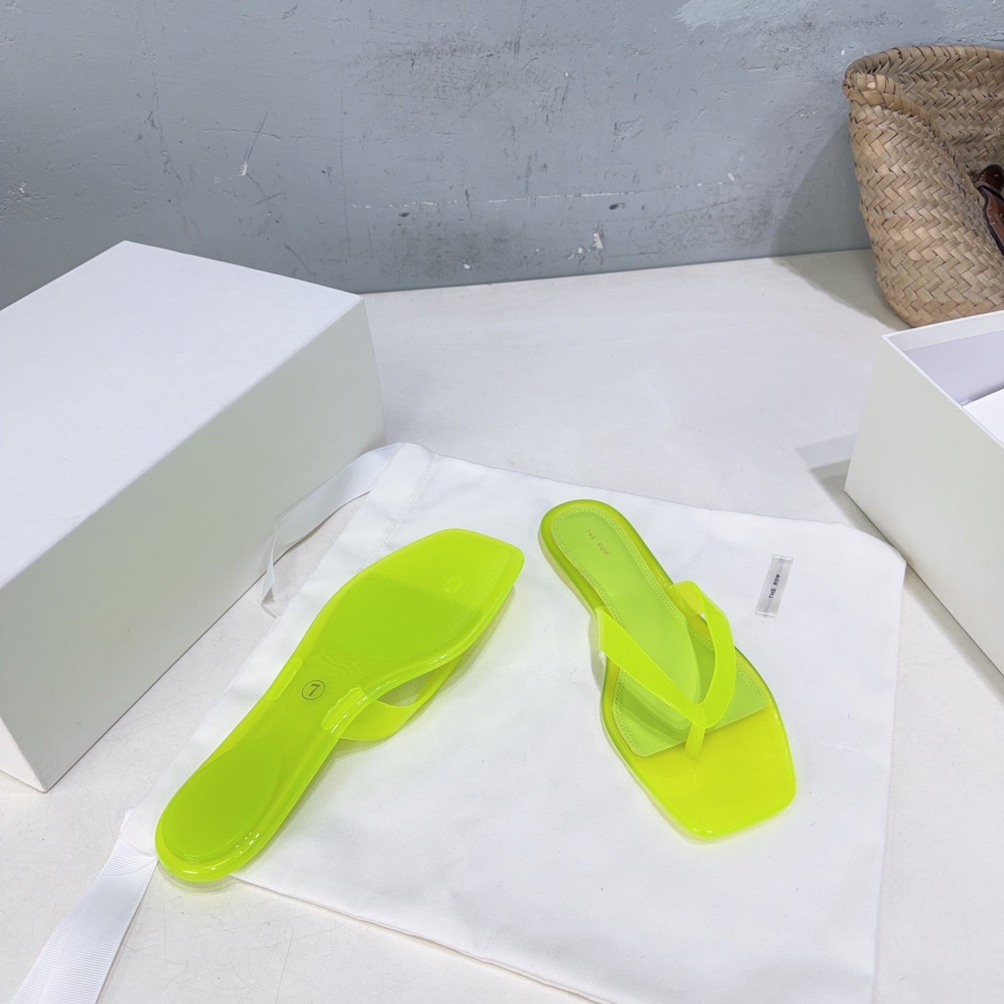 THE ROW 26S SQUARE TOE THONG SANDALS IN TRANSLUCENT YELLOW PVC WITH SILVER FOOTBED