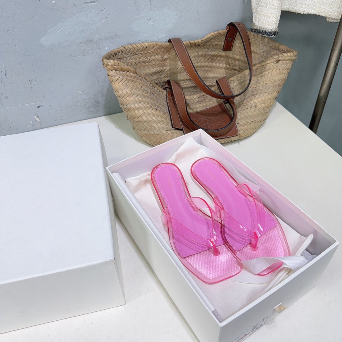 THE ROW 26S SQUARE TOE THONG SANDALS IN TRANSLUCENT PINK PVC WITH SILVER FOOTBED