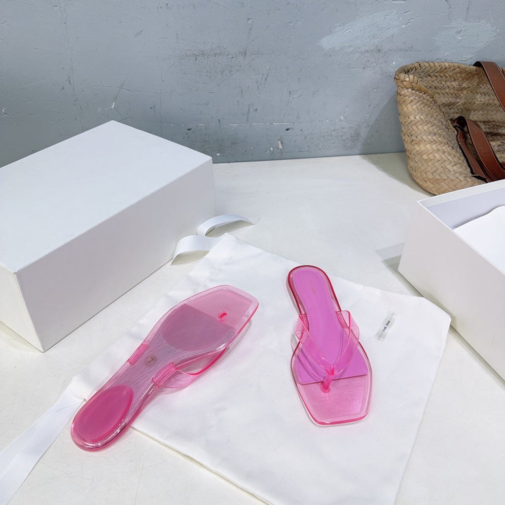 THE ROW 26S SQUARE TOE THONG SANDALS IN TRANSLUCENT PINK PVC WITH SILVER FOOTBED