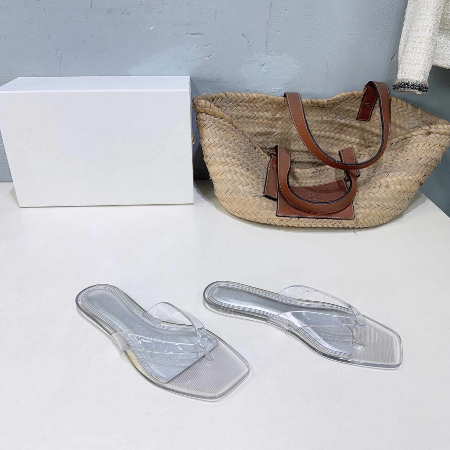 THE ROW 26S SQUARE TOE THONG SANDALS IN CLEAR PVC WITH SILVER FOOTBED