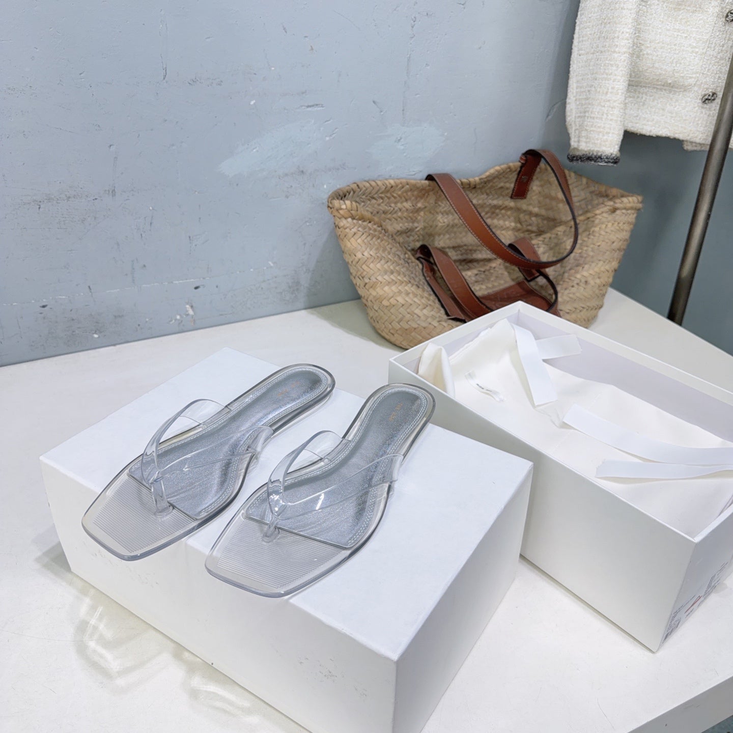 THE ROW 26S SQUARE TOE THONG SANDALS IN CLEAR PVC WITH SILVER FOOTBED