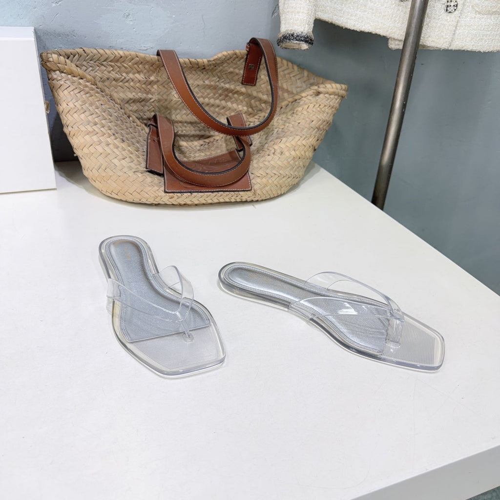THE ROW 26S SQUARE TOE THONG SANDALS IN CLEAR PVC WITH SILVER FOOTBED