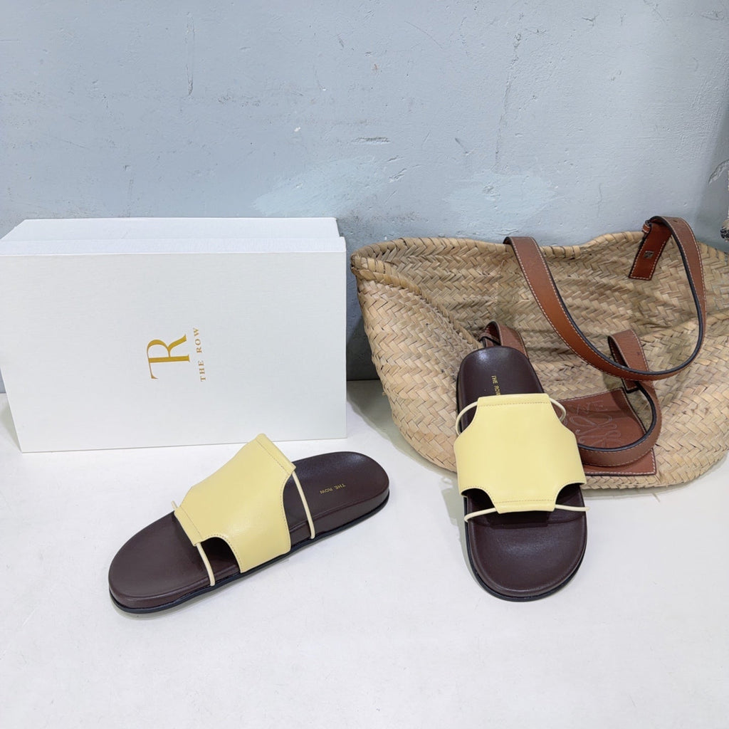 THE ROW 26S STRAP SLIDES IN LIGHT YELLOW CALFSKIN