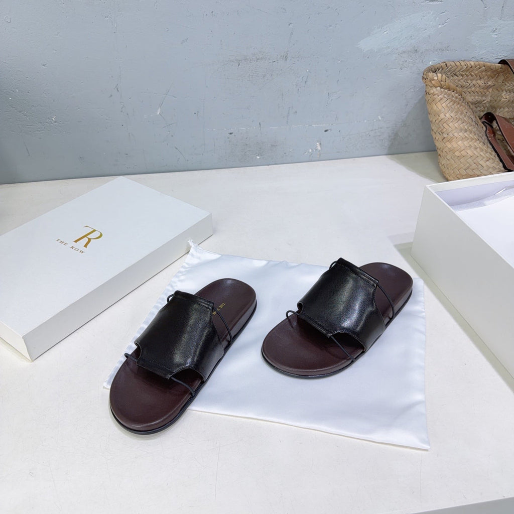 THE ROW 26S STRAP SLIDES IN DARK BROWN CALFSKIN
