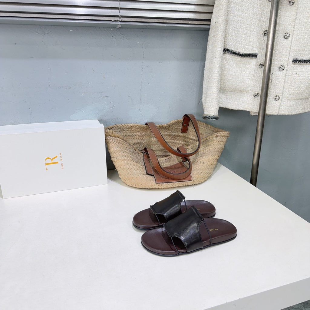 THE ROW 26S STRAP SLIDES IN DARK BROWN CALFSKIN