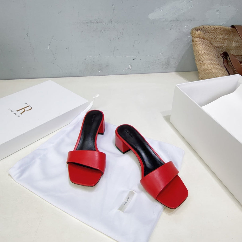 THE ROW 26S SQUARE TOE SLIDE SANDALS 45MM IN DARK RED CALFSKIN