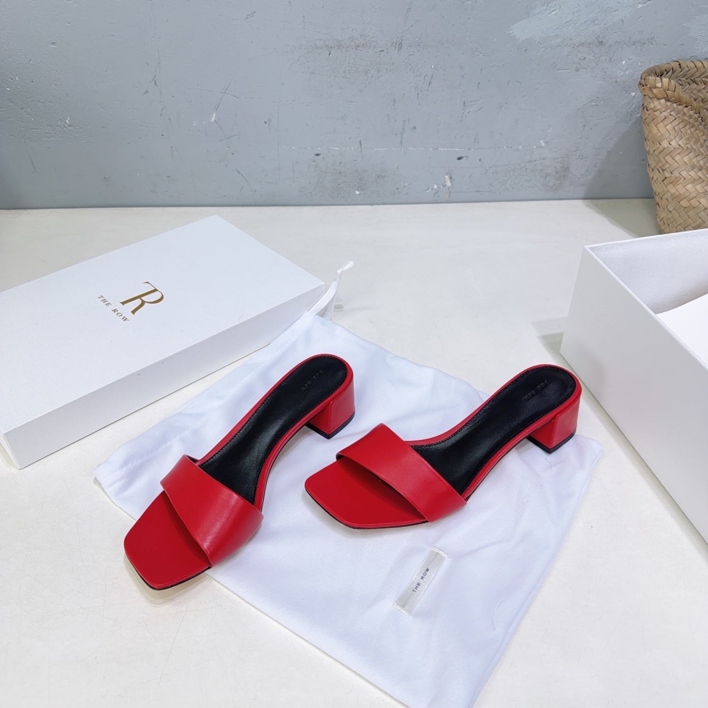 THE ROW 26S SQUARE TOE SLIDE SANDALS 45MM IN DARK RED CALFSKIN