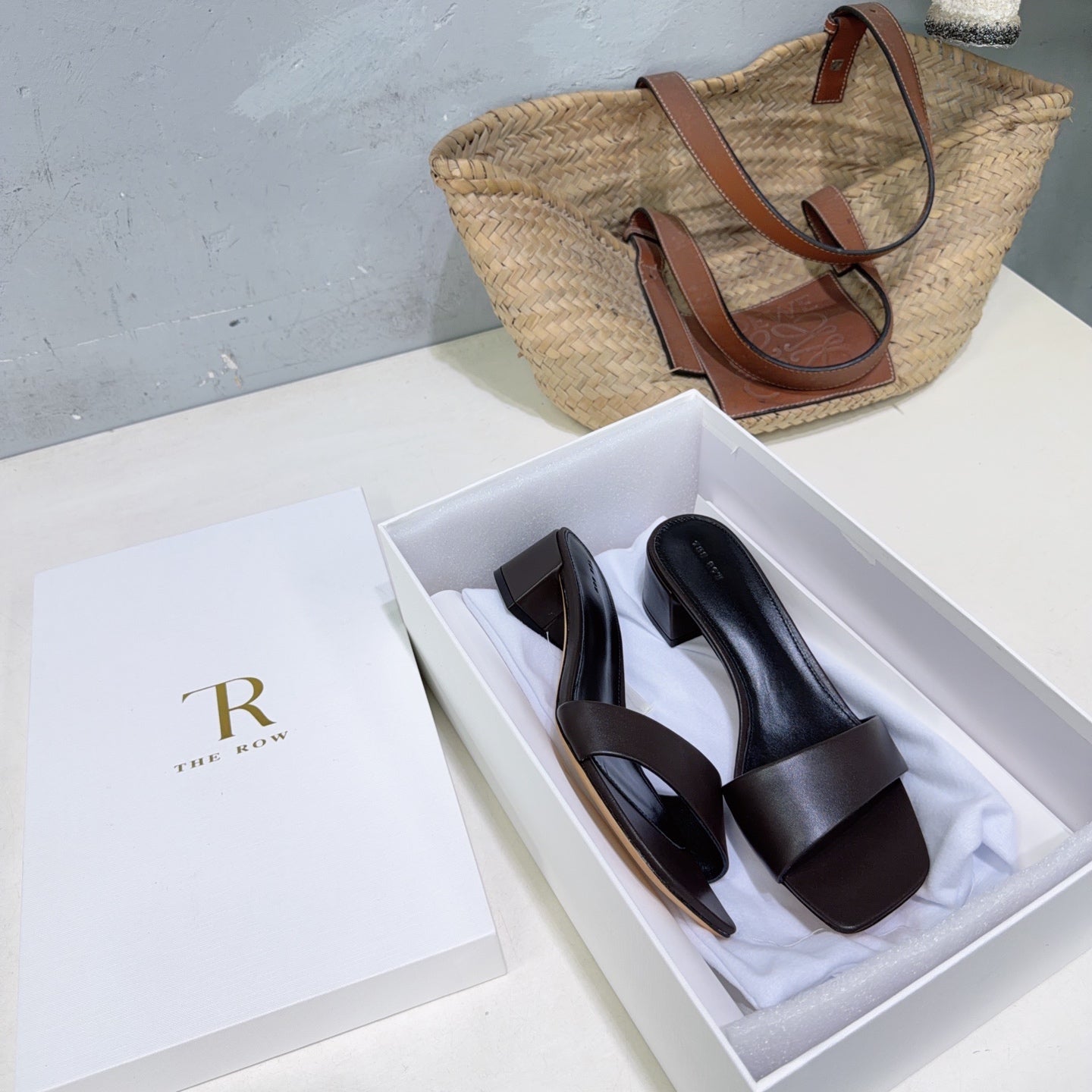 THE ROW 26S SQUARE TOE SLIDE SANDALS 45MM IN DARK BROWN CALFSKIN