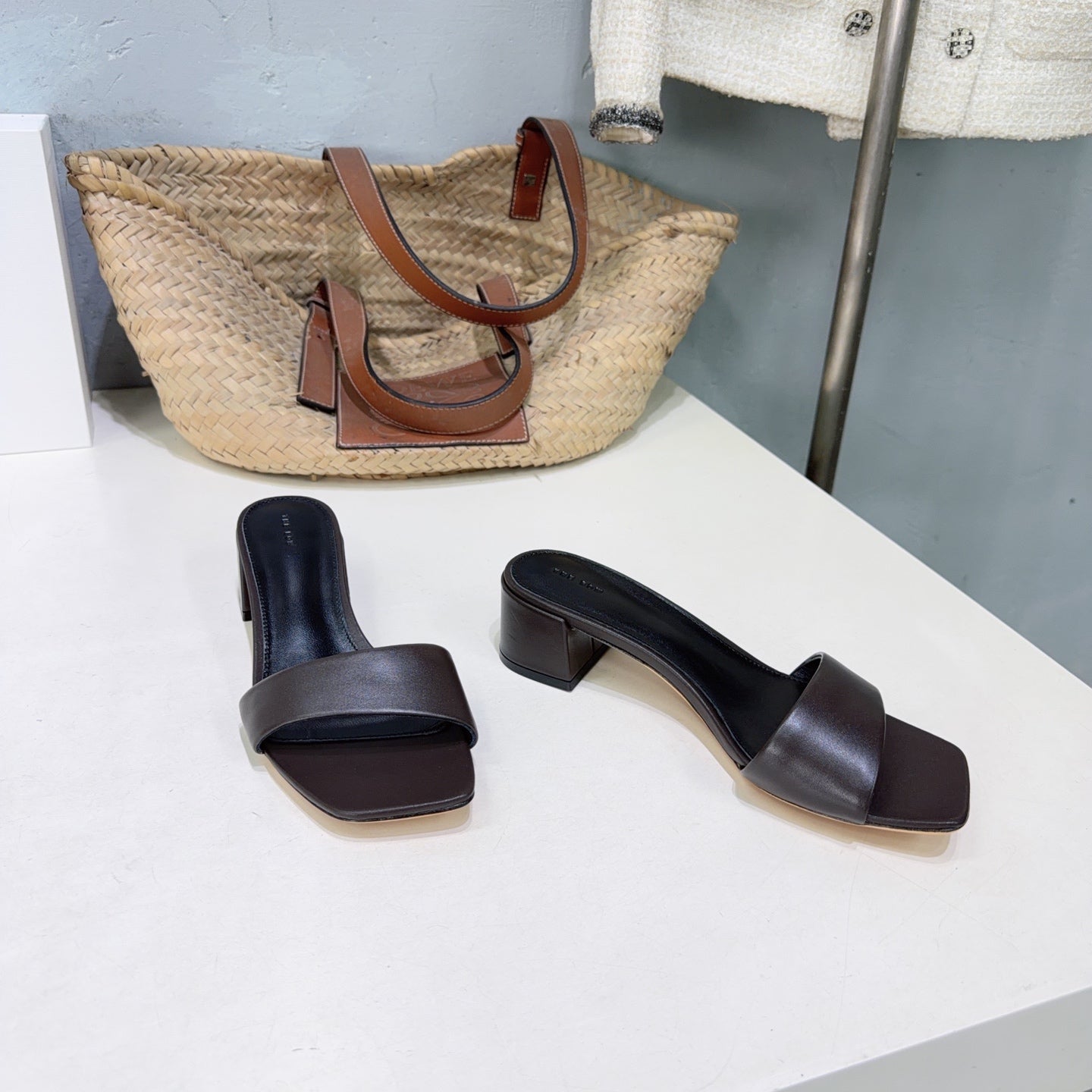 THE ROW 26S SQUARE TOE SLIDE SANDALS 45MM IN DARK BROWN CALFSKIN