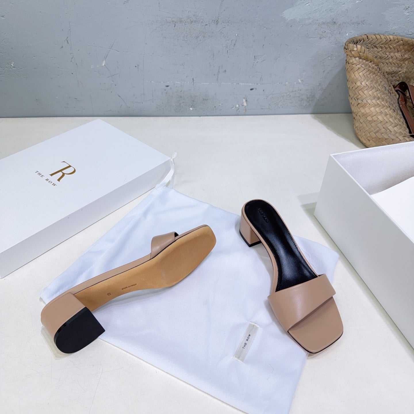 THE ROW 26S SQUARE TOE SLIDE SANDALS 45MM IN NUDE BEIGE CALFSKIN