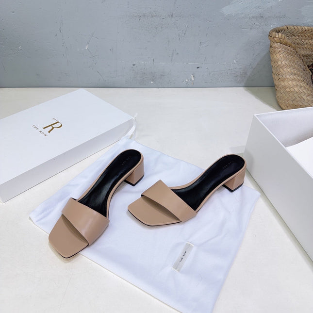 THE ROW 26S SQUARE TOE SLIDE SANDALS 45MM IN NUDE BEIGE CALFSKIN