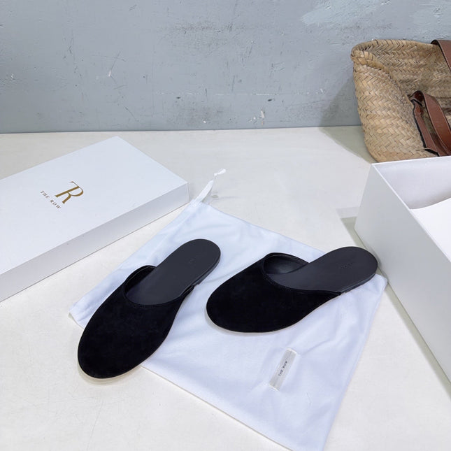 THE ROW 26S ROUND TOE MULE FLATS IN BLACK SUEDE